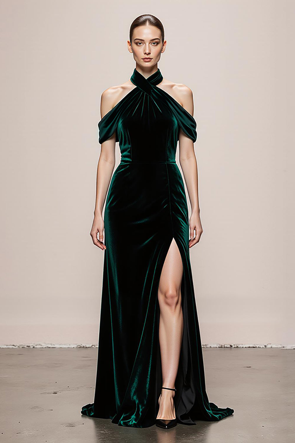 Dark Green Cold Shoulder Velvet Long Evening Dress