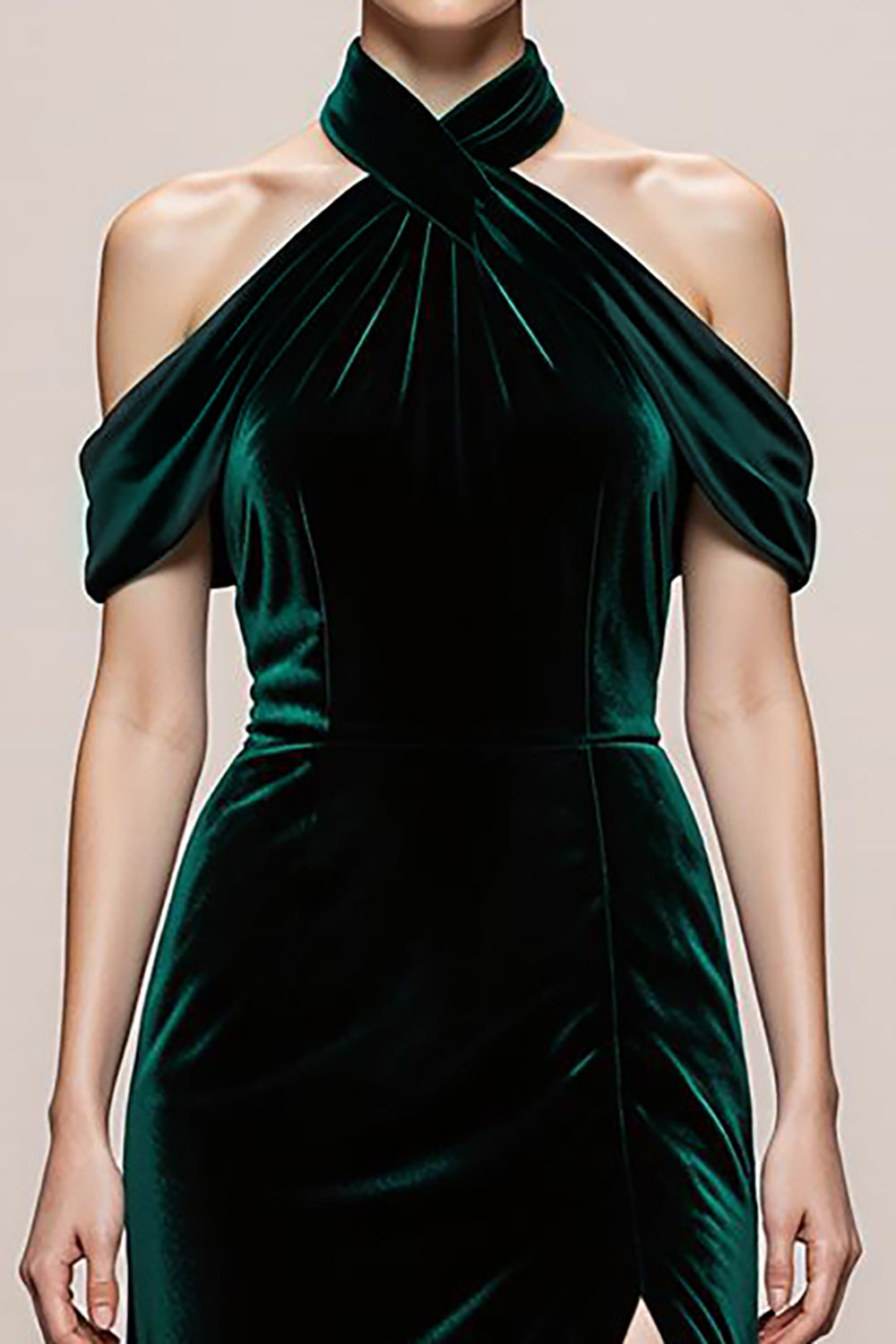 Dark Green Cold Shoulder Velvet Long Evening Dress