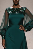 Dark Green Long Sleeve Sequin A Line Evening Dress