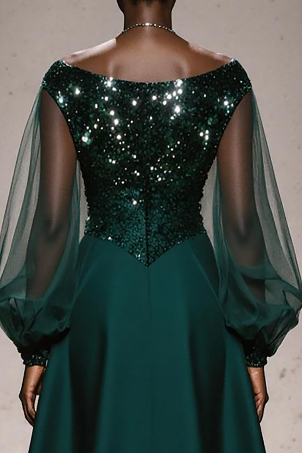 Dark Green Long Sleeve Sequin A Line Evening Dress