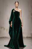 One Shoulder Dark Green A Line Velvet Evening Dress