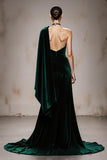 One Shoulder Dark Green A Line Velvet Evening Dress