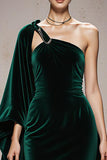 One Shoulder Dark Green A Line Velvet Evening Dress