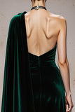 One Shoulder Dark Green A Line Velvet Evening Dress