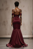 Burgundy Mermaid Off The Shoulder Satin Evening Dress