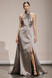 Silver Halter A Line Satin Evening Dress with Slit