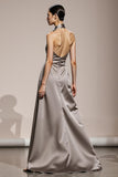 Silver Halter A Line Satin Evening Dress with Slit