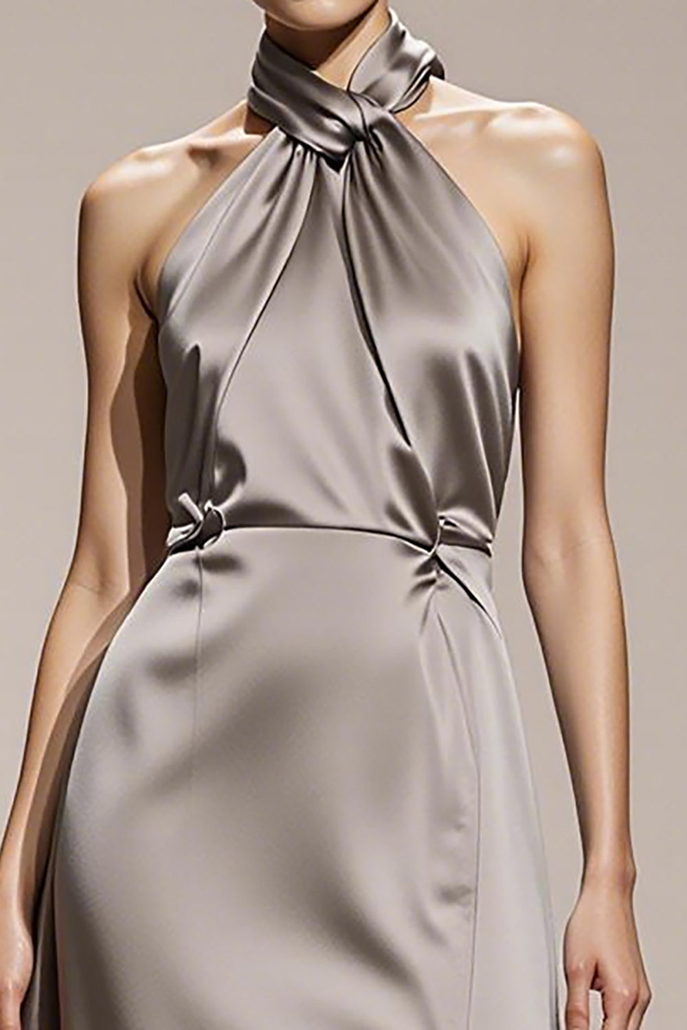 Silver Halter A Line Satin Evening Dress with Slit