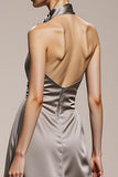 Silver Halter A Line Satin Evening Dress with Slit
