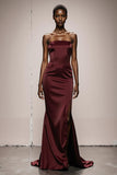 Burgundy Mermaid Strapless Satin Long Evening Dress