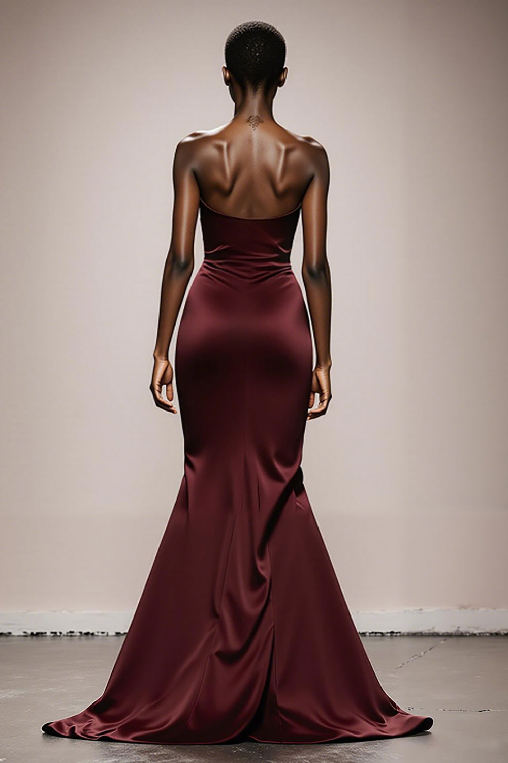 Burgundy Mermaid Strapless Satin Long Evening Dress
