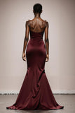 Burgundy Mermaid Strapless Satin Long Evening Dress
