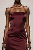Burgundy Mermaid Strapless Satin Long Evening Dress