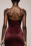 Burgundy Mermaid Strapless Satin Long Evening Dress