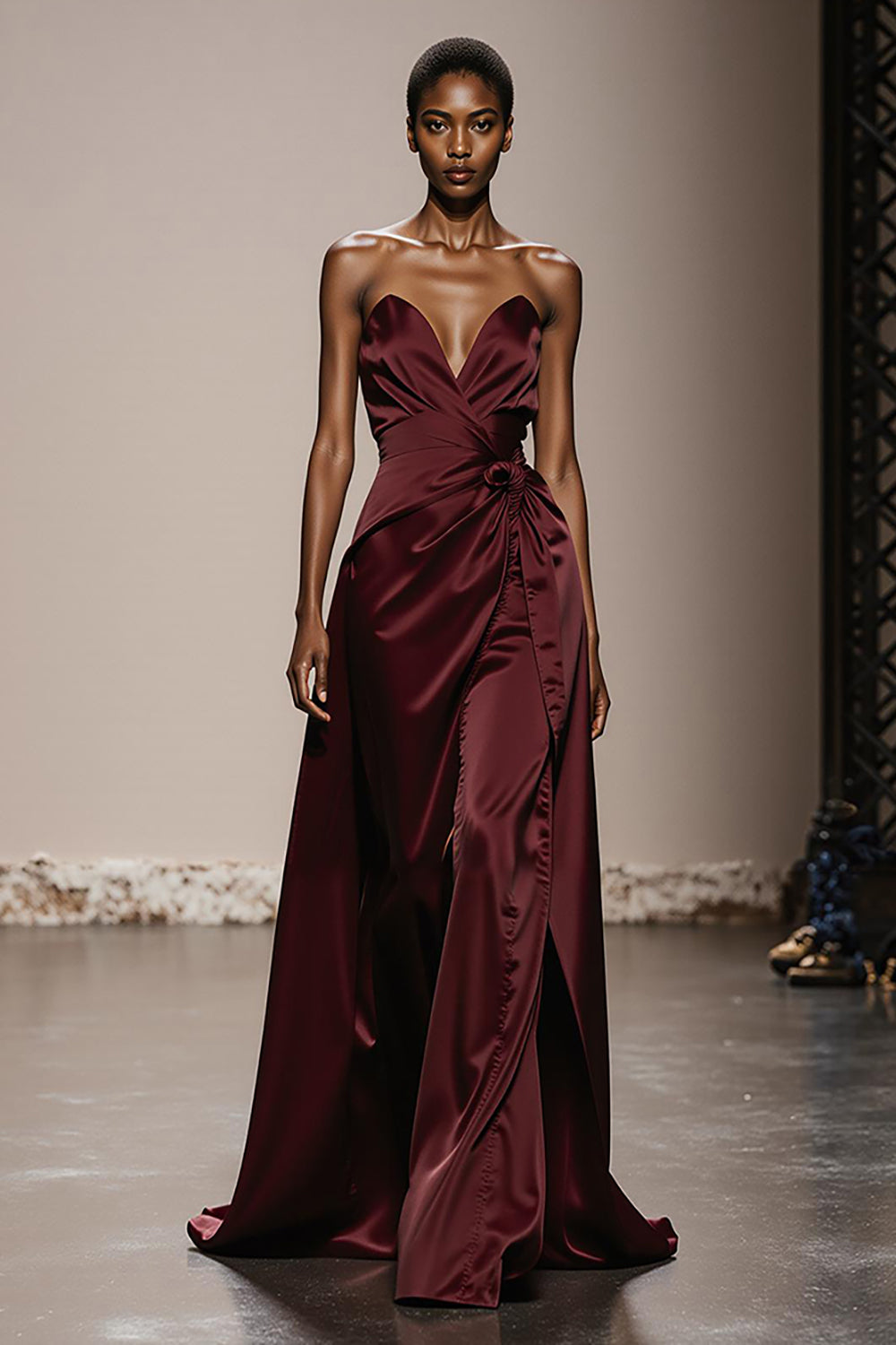 Strapless Burgundy A Line Ruched Long Evening Dress