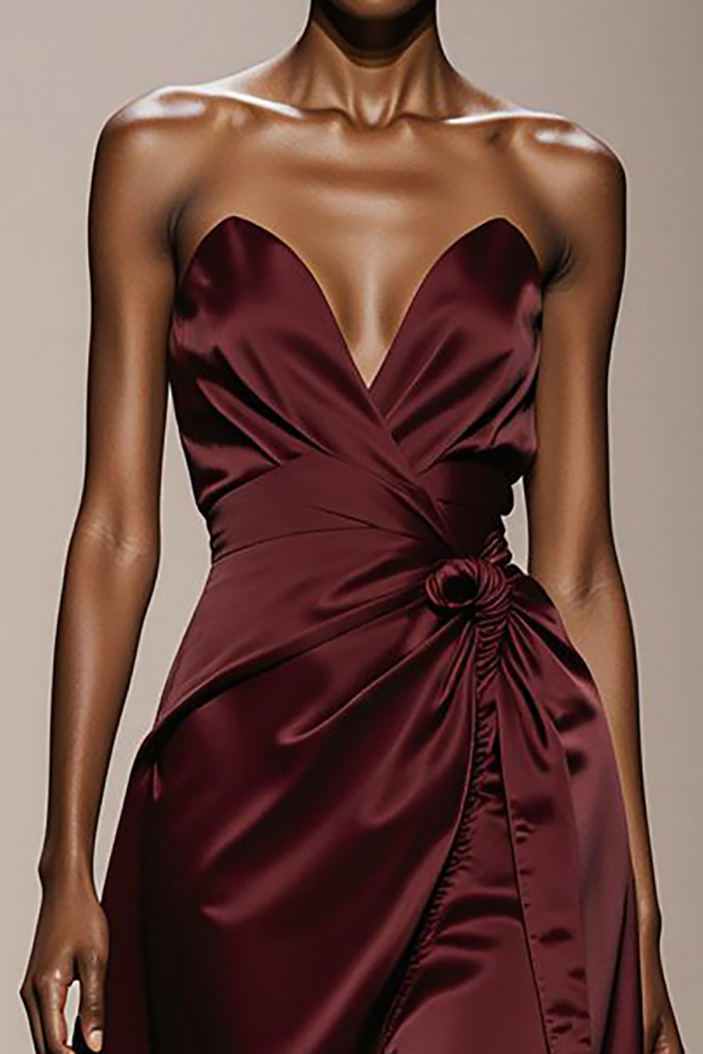 Strapless Burgundy A Line Ruched Long Evening Dress