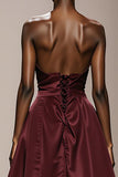 Strapless Burgundy A Line Ruched Long Evening Dress