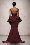 Strapless Burgundy Mermaid Ruffled Long Evening Dress