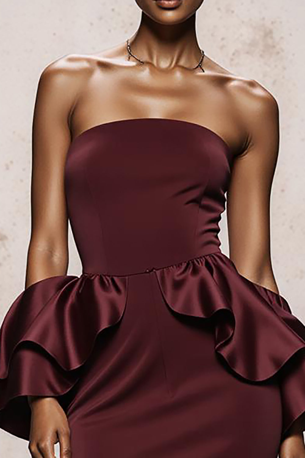 Strapless Burgundy Mermaid Ruffled Long Evening Dress