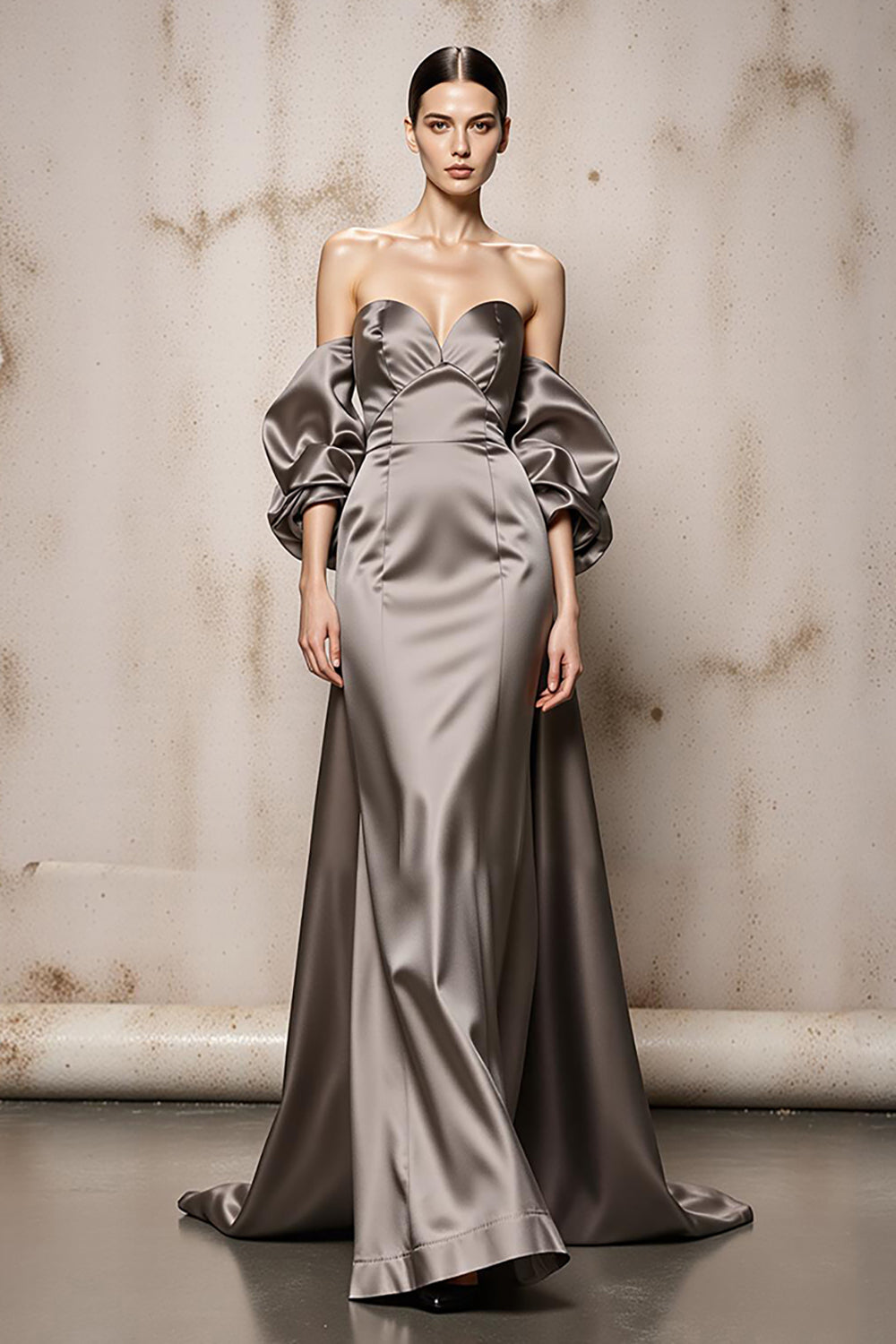 Silver Off The Shoulder Satin Long Evening Dress