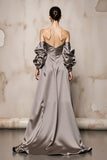 Silver Off The Shoulder Satin Long Evening Dress