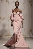 Off The Shoulder Light Pink Satin Mermaid Evening Dress