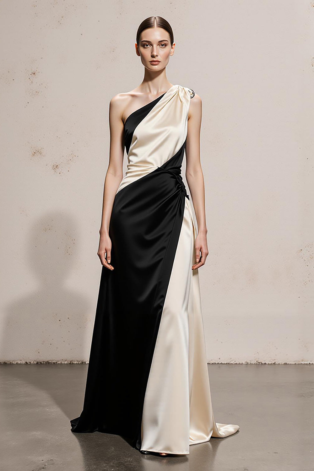 One Shoulder Black and White A Line Evening Dress