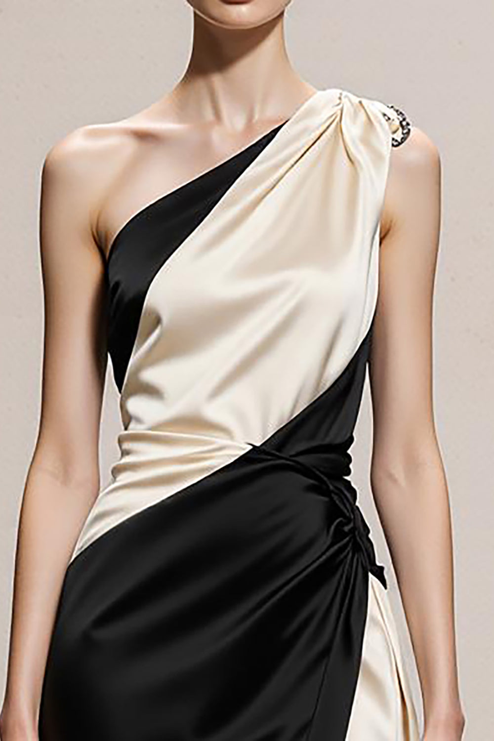 One Shoulder Black and White A Line Evening Dress