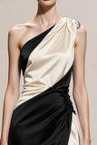 One Shoulder Black and White A Line Evening Dress