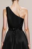 One Shoulder Black and White A Line Evening Dress