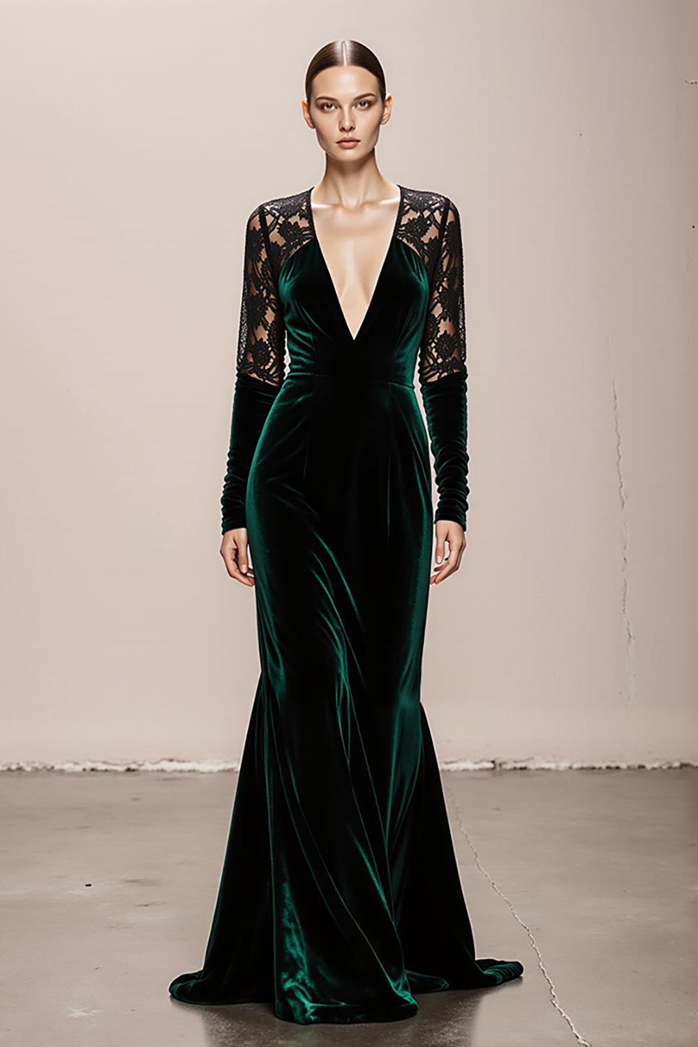 Dark Green Long Sleeve Mermaid Velvet Evening Dress