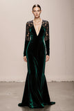 Dark Green Long Sleeve Mermaid Velvet Evening Dress