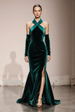 Halter Dark Green Mermaid Velvet Evening Dress
