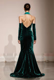 Halter Dark Green Mermaid Velvet Evening Dress