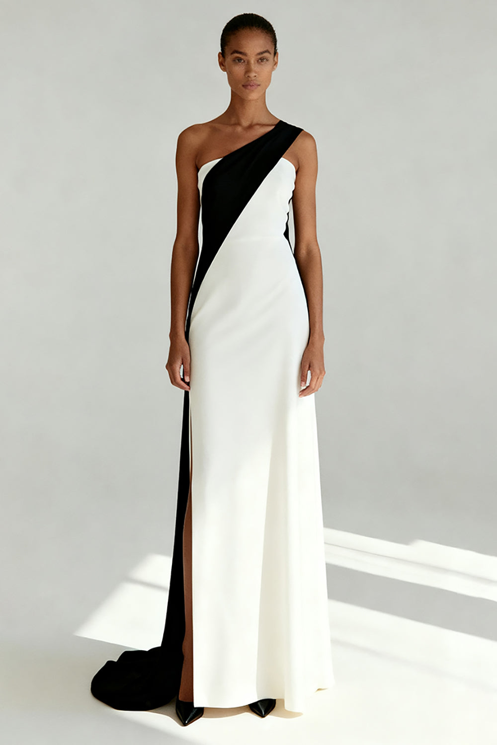 Simple One Shoulder Black and White Sheath Evening Dress