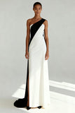 Simple One Shoulder Black and White Sheath Evening Dress