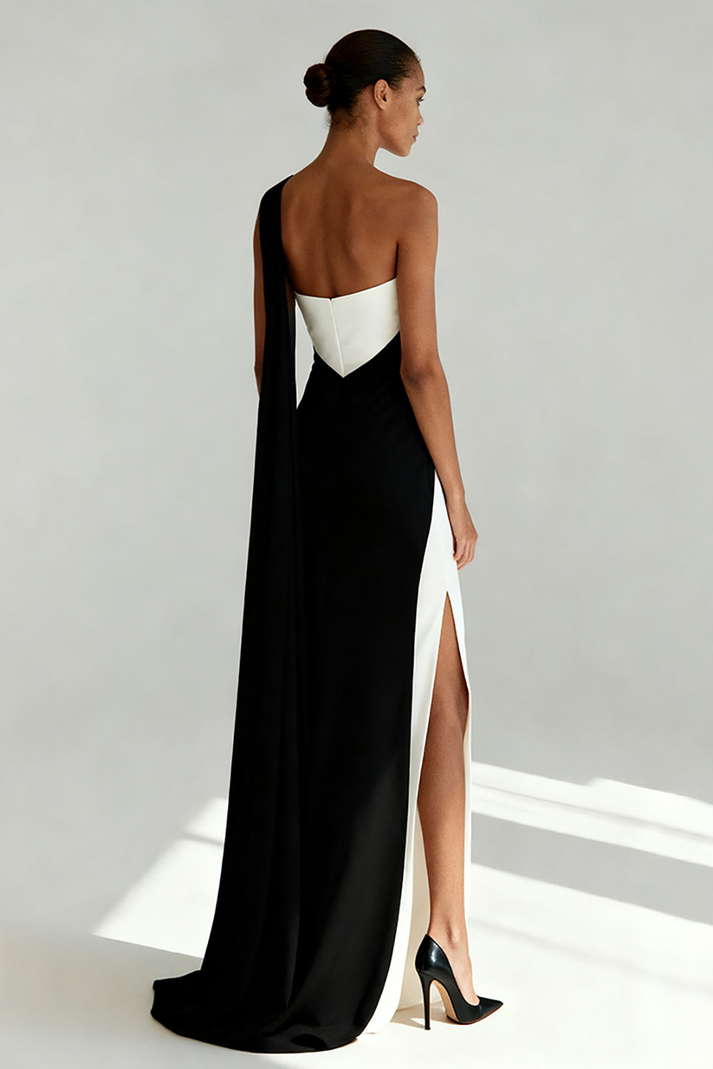 Simple One Shoulder Black and White Sheath Evening Dress