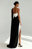 Simple One Shoulder Black and White Sheath Evening Dress