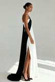 Simple One Shoulder Black and White Sheath Evening Dress