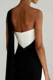 Simple One Shoulder Black and White Sheath Evening Dress