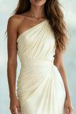 One Shoulder Sheath Ivory Ruched Evening Dress