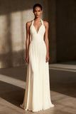 Ivory Halter A Line Pleated Evening Dress