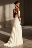 Ivory Halter A Line Pleated Evening Dress