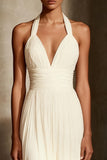 Ivory Halter A Line Pleated Evening Dress