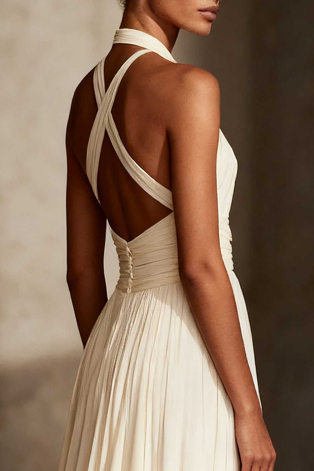 Ivory Halter A Line Pleated Evening Dress