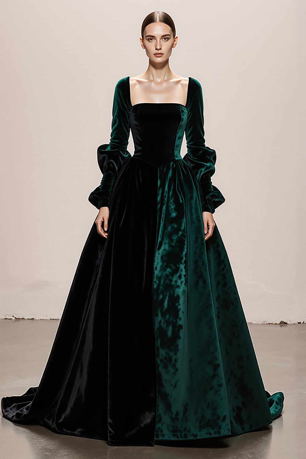Dark Green Velvet Long Sleeve Evening Dress