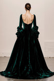 Dark Green Velvet Long Sleeve Evening Dress