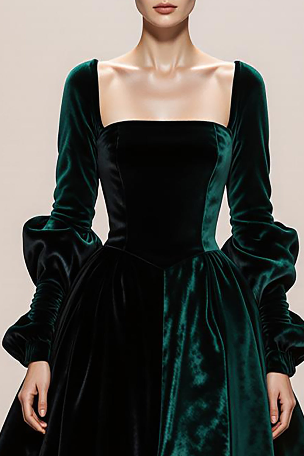 Dark Green Velvet Long Sleeve Evening Dress
