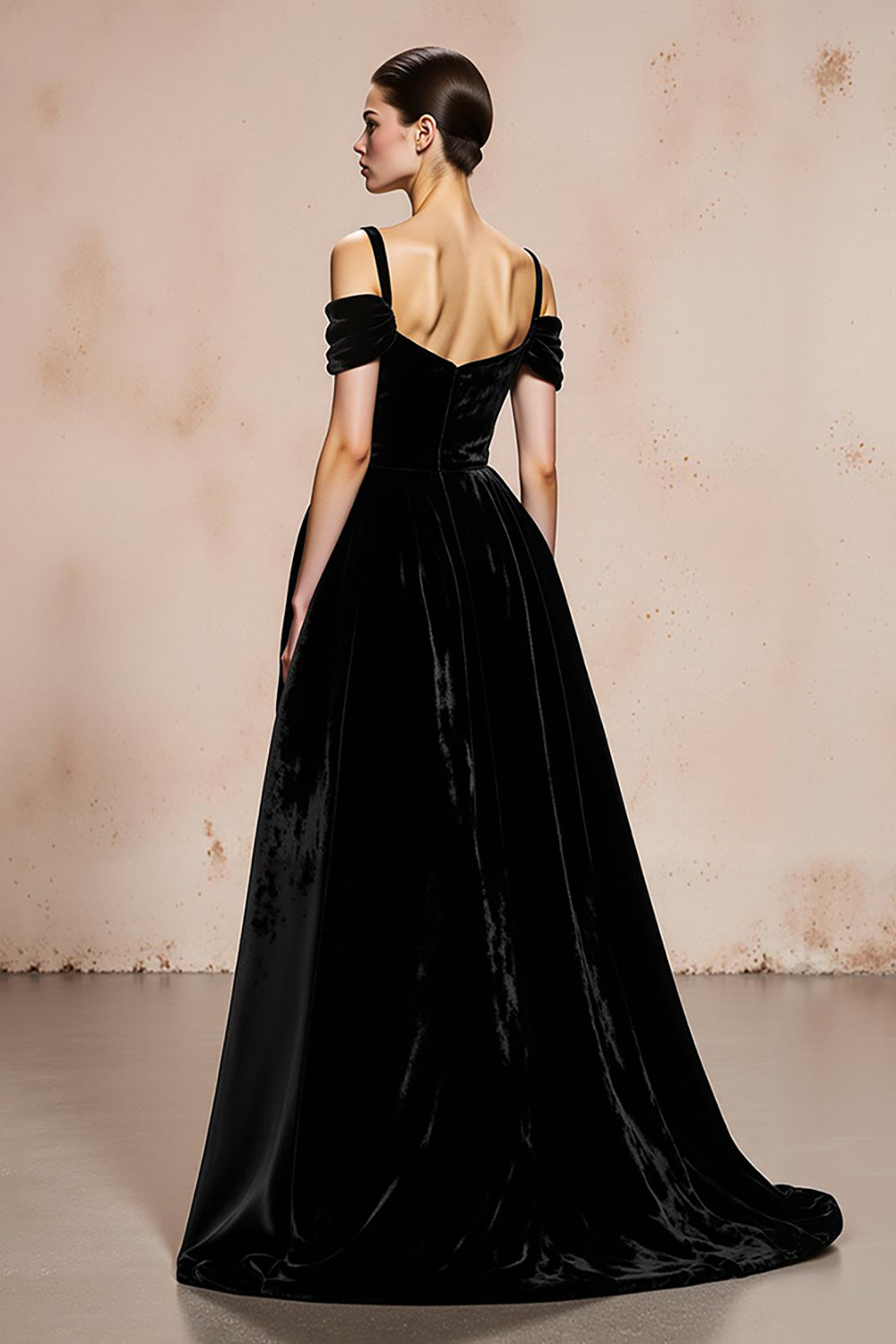 Black Velvet Cold Shoulder A Line Evening Dress