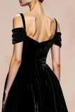 Black Velvet Cold Shoulder A Line Evening Dress